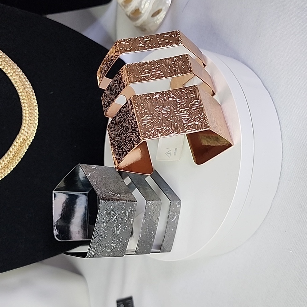 2) Gunmetal and Rose Gold Open Cuff Embossed Bracelet New